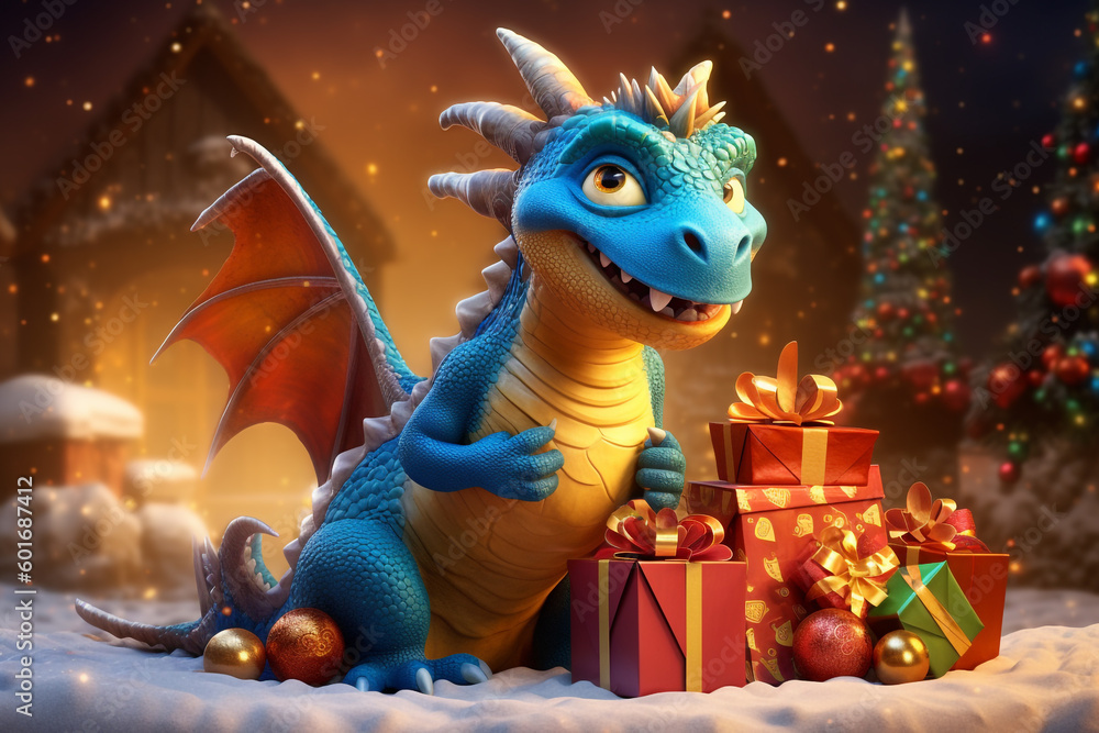 Fototapeta premium funny cheerful cartoon dragon with a set of gifts near the Christmas tree. Generative Ai. 