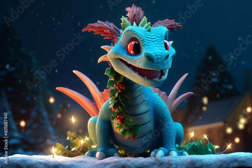 christmas card with blue cartoon baby dragon near the new year forest. Generative Ai. 