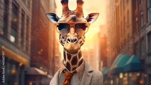 A magnificient trendy funny giraffe, wearing sunglasses and a suit photo