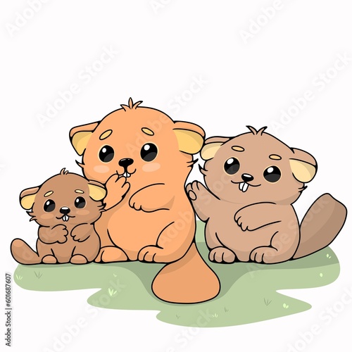 three beavers, beaver family illustration, cute beavers