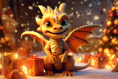 Christmas card smiling cartoon dragon with gifts near the Christmas Tree. Generative Ai. 