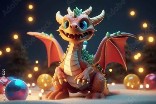 Christmas card Cheerful cartoon dragon with Christmas decorations. Generative Ai. 