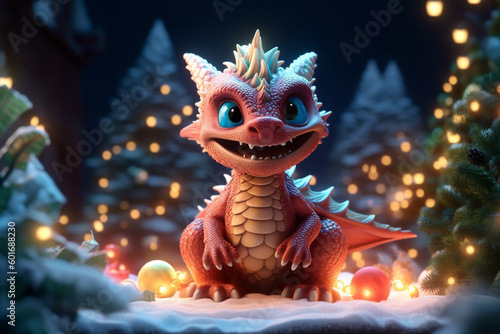 Christmas background with funny baby dragon. Generative Ai. 