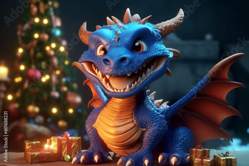 blue dragon sitting on a table with christmas presents. Generative Ai