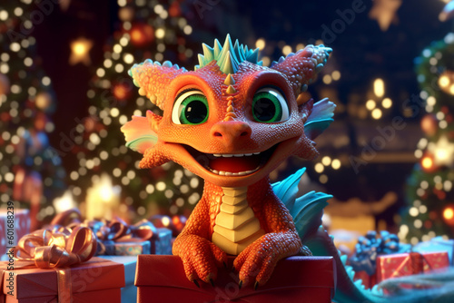 happy baby dragon with gifts in the Christmas tree. Generative Ai. 