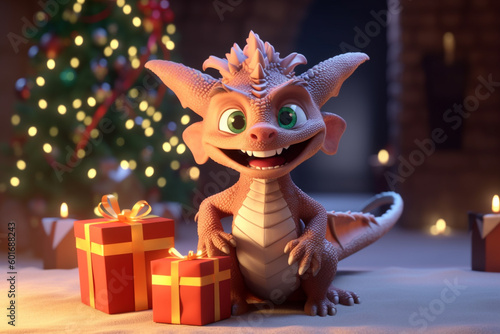 dragon with Christmas gifts by the Christmas tree. Generative Ai. 