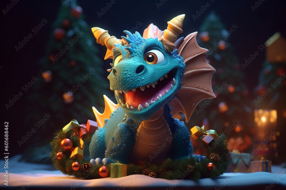 blue dragon sitting on a christmas tree. Generative Ai blue dragon sitting on a christmas tree. Generative Ai