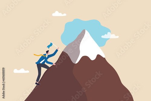 Fotografia, Obraz Effort or perseverance to reach goal or achievement success, mission or business growth, ambition to progress to target, tough or struggle concept, businessman climb up mountain to reach target