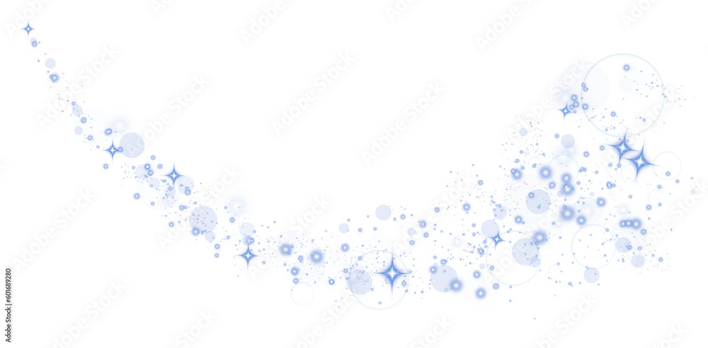 Blue glitter wave abstract illustration. Blue stars dust trail sparkling particles isolated on transparent background. Magic concept. PNG.
