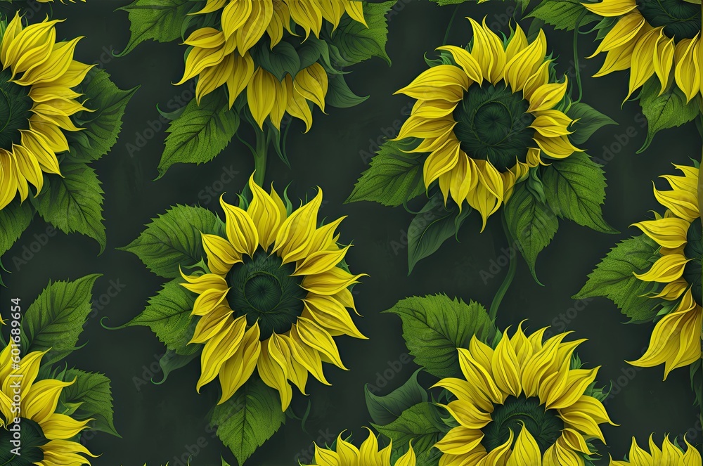 Beautiful sunflowers in vintage style with leaves close-up as a background.