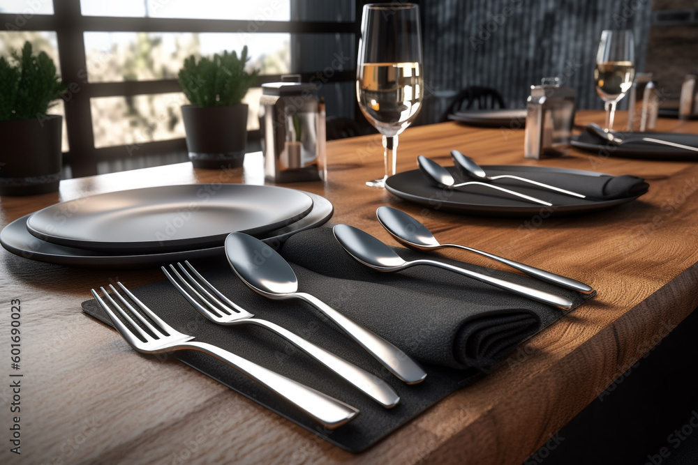 restaurant table with silverware and glasses. Generative Ai restaurant table with silverware and glasses. Generative Ai