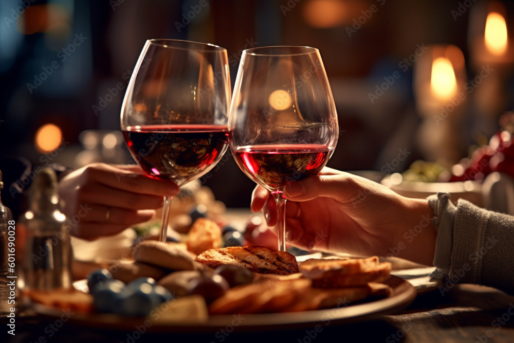 Obraz premium two people toasting with wine glasses at a table. Generative Ai