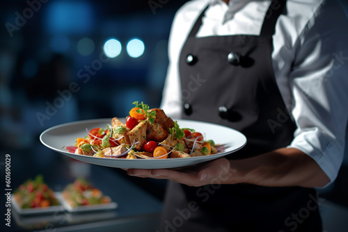 chef holding plate of food in restaurant. Generative Ai