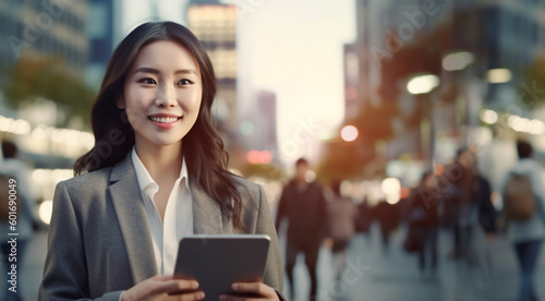 woman in business attire holding a tablet computer on a busy city street. Generative Ai