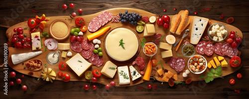 large wooden board with cheese, meat and vegetables. Generative Ai