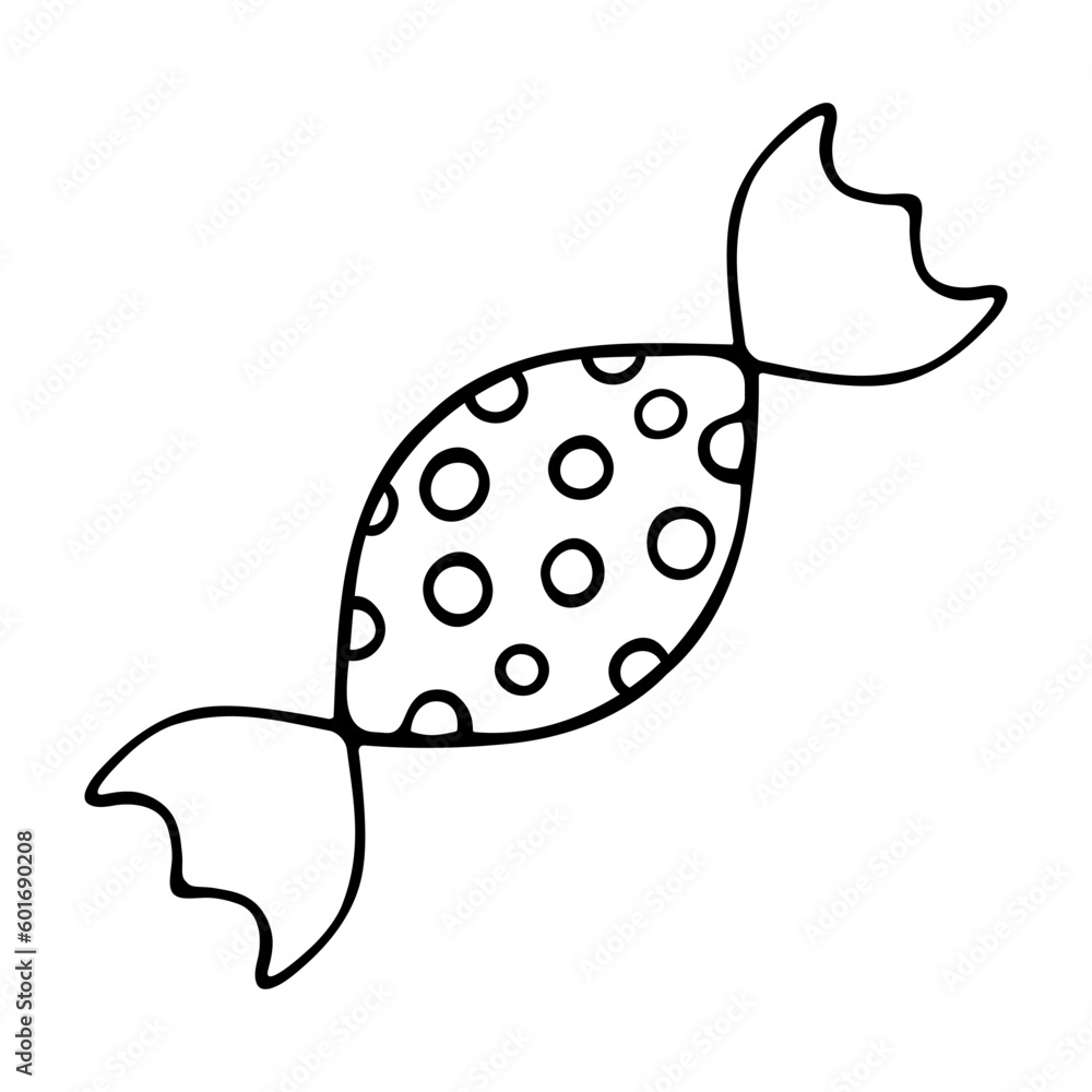 Candy. Sketch. Caramel in a wrapper with a pattern of circles. Vector illustration. Outline on isolated background. Doodle style. Coloring book for children. Delicious lollipop. Idea for web design. Candy. Sketch. Caramel in a wrapper with a pattern of circles. Vector illustration. Outline on isolated background. Doodle style. Coloring book for children. Delicious lollipop. Idea for web design.