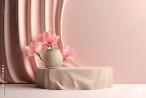 vase with pink flowers on a pink background. Generative Ai