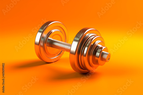  close up of a metal dumbbell on top of an orange background . Generative Ai
