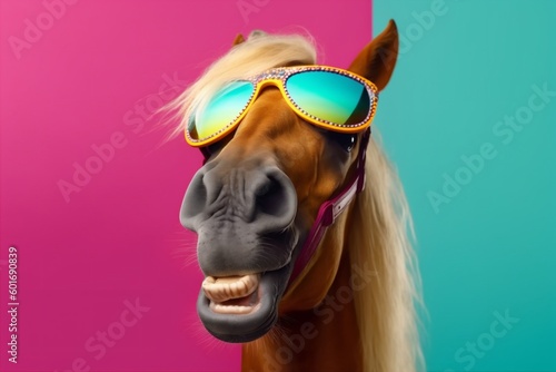 sunglasses model funny colourful goggles background portrait fun animal horse smile. Generative AI.
