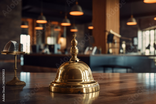 Concierge bell on a hotel reception desk. Generative ai