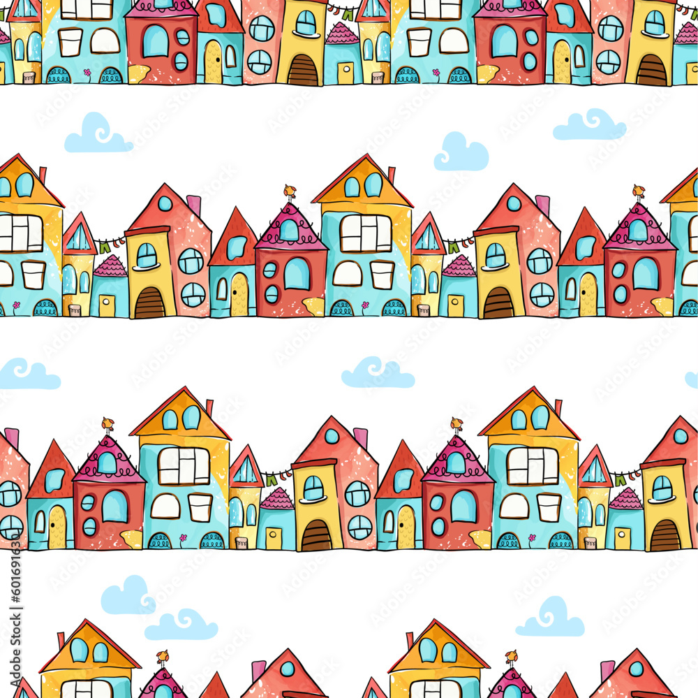 Vector seamless pattern with fun hand drawn houses, colorful background for kids, great for banners, wallpapers.