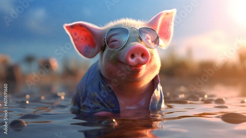 A adorable cheerful pig, with chic sunglasses on, taking a bath in a muddy puddle, embodying carefree happiness Generative AI © John