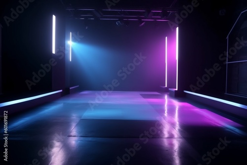 space light blue smoke room abstract black background neon fog rays. Generative AI.