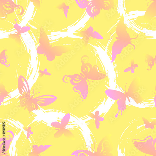 Seamless pattern with pink butterflies on a yellow background.