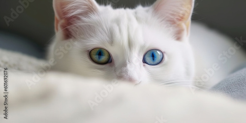 White cat with different color eyes. Turkish angora. Van kitten with blue and green eye lies on white bed. Adorable domestic pets, heterochromia. Ai photo