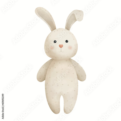 White rabbit watercolor illustration isolated. Children's cute plush toy
