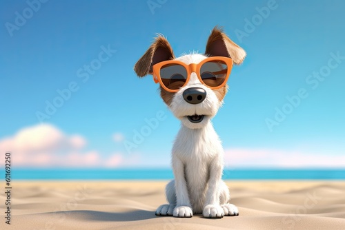 Cute Summer Dog on the Beach Wearing Sunglasses (Generative AI) © JJAVA