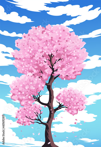 Blooming sakura tree against a blue sky with clouds. © Natalia