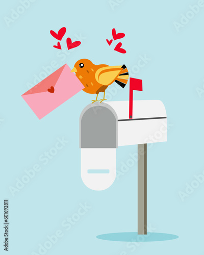Bird sending love letter at mailbox, conceptual.