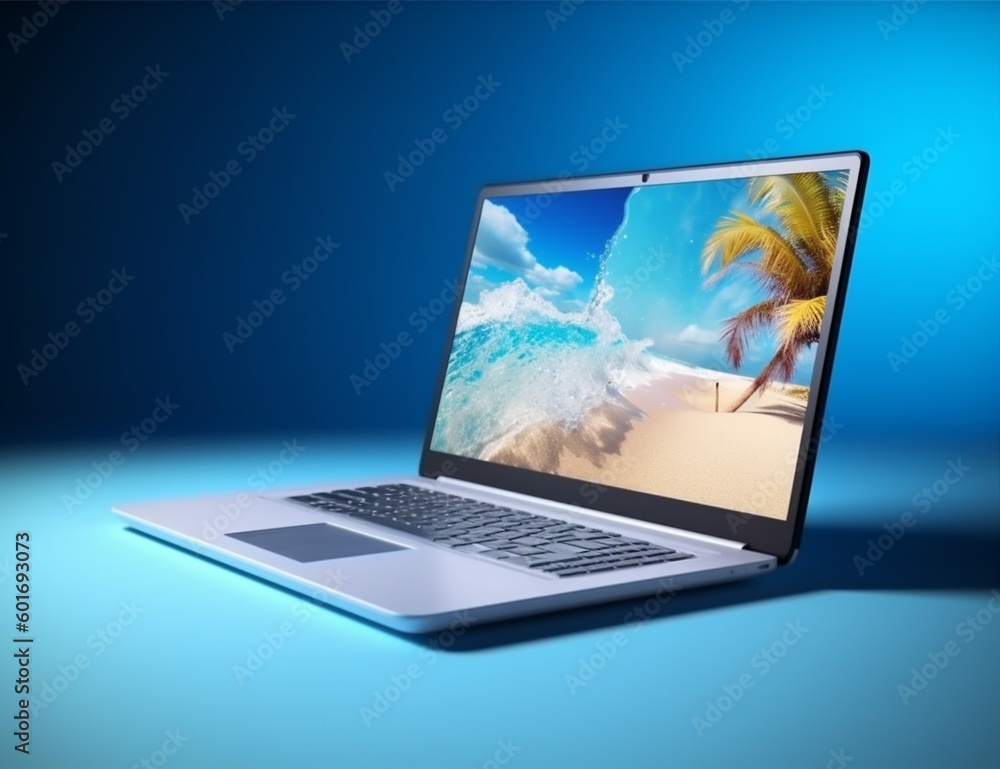 tree travel beach summer palm vacation computer laptop tropical concept. Generative AI. tree travel beach summer palm vacation computer laptop tropical concept. Generative AI.