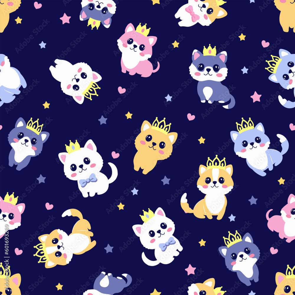 Naklejka premium Cute kawaii puppies in crowns, hearts, stars, crowns. Seamless pattern.