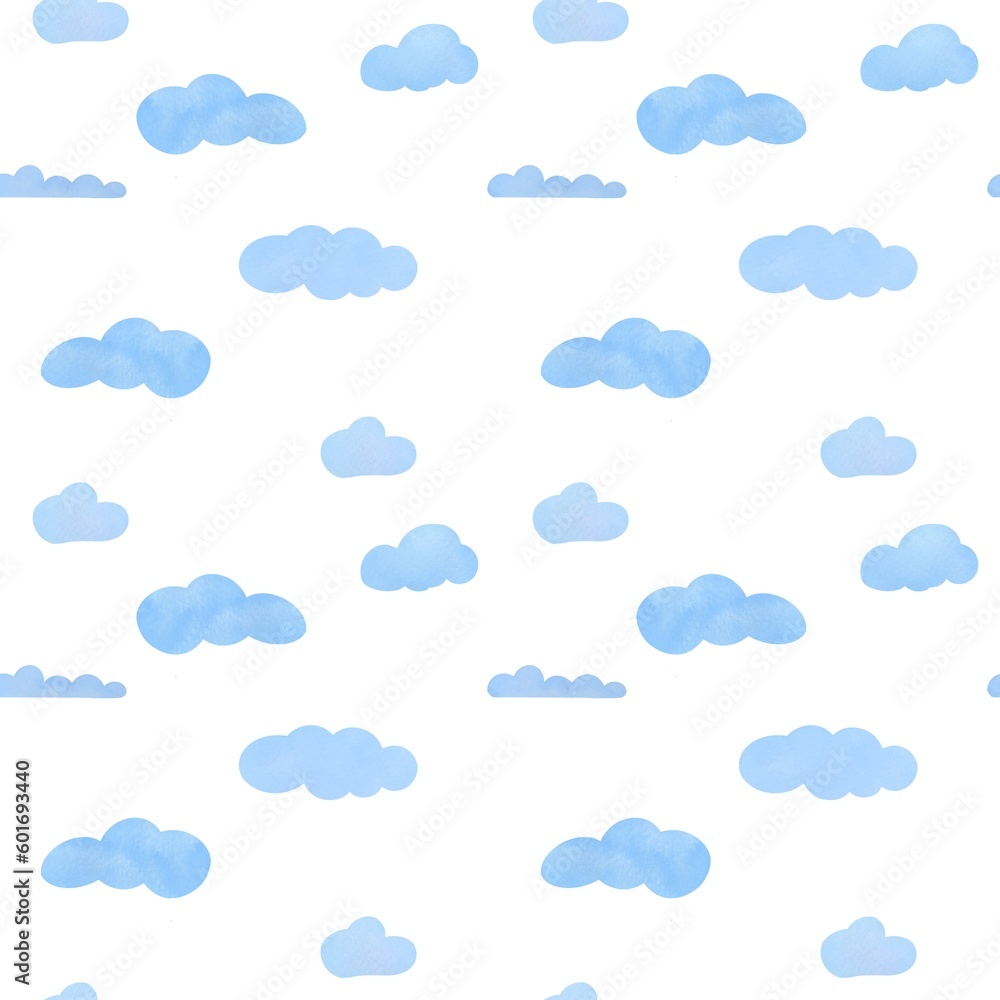 Cute Cloudy Seamless Pattern on White Background. Hand Drawn watercolor Illustration. cloudscape cartoon Print for Textile, Fabric, scrapbooking, Wrapping Paper for kids. lots of clouds in summer sky Cute Cloudy Seamless Pattern on White Background. Hand Drawn watercolor Illustration. cloudscape cartoon Print for Textile, Fabric, scrapbooking, Wrapping Paper for kids. lots of clouds in summer sky