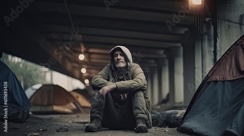 Lonely homeless man living under bridge in tent, dirty tramp was deceived by fraudsters estate agents and lost his housing, sad homeless vagrant man lives on street in tent, generative AI