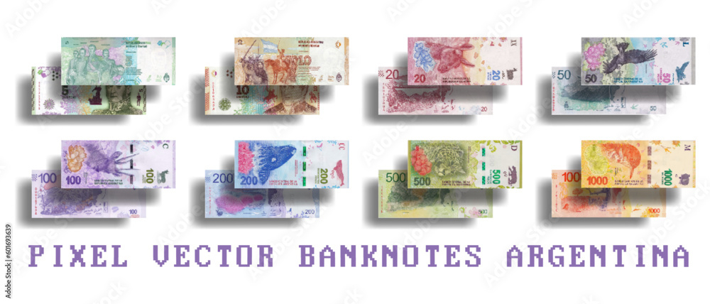 Vector set of pixel mosaic banknotes. Bills in denominations of 5, 10, 20, 50, 100, 200, 500 and 1000 Argentine pesos.