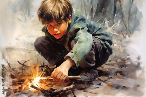 Watercolor portrait of a cute boy scout lighting a bonfire in the woods - ai generative