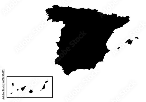Icono del mapa del territorio español en negro. Península, Islas Canarias, Islas Baleares, Ceuta y Melilla. España