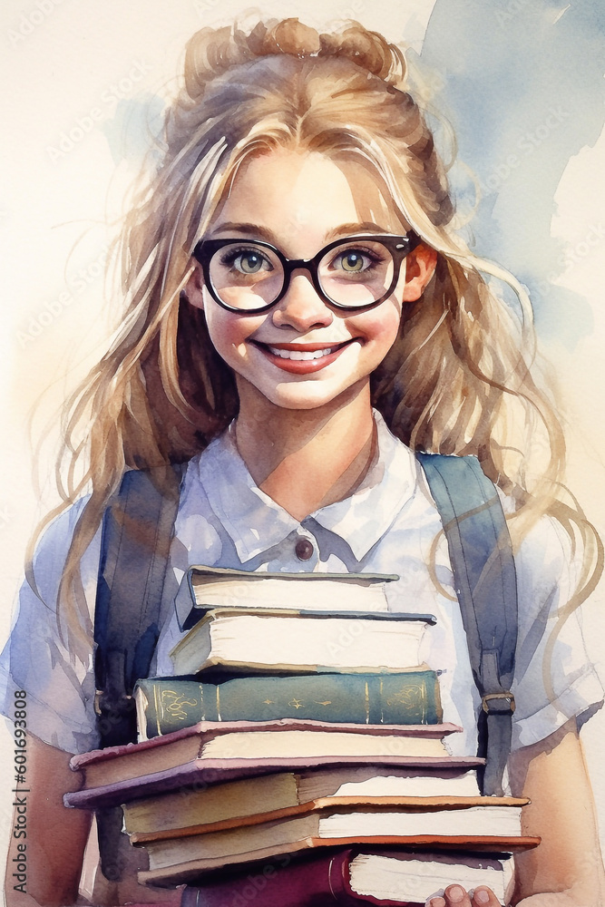 Smiling pretty blond hair student girl in glasses holding stack of books in hand - ai generative Smiling pretty blond hair student girl in glasses holding stack of books in hand - ai generative