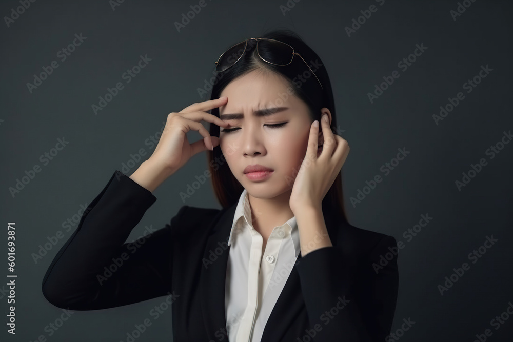 Asian business woman suffering from headache, migraine, stress and headache. Generative AI Asian business woman suffering from headache, migraine, stress and headache. Generative AI