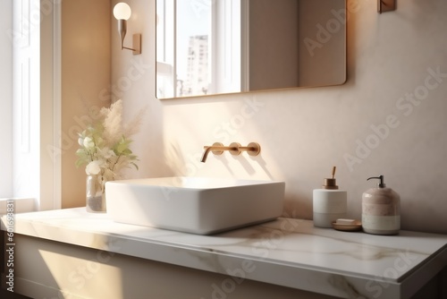 cabinet interior bathroom house luxury counter design modern faucet sink sunlight. Generative AI.