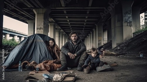 Lonely homeless family living under bridge in tent, dirty tramps was deceived by fraudsters estate agents and lost his housing, sad homeless vagrant family lives on street in tent, generative AI
