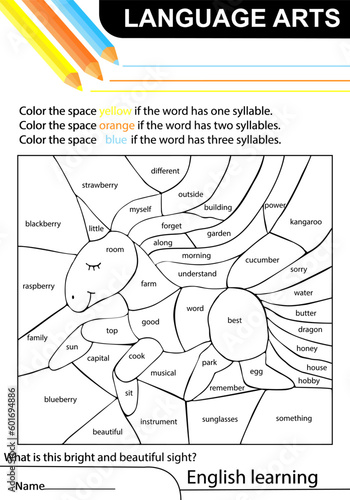 English learning. Unicorn. Task coloring the space if the word has one, two or three syllables. Language art. Printable page. Worksheet at school, home. Sketch vector illustration