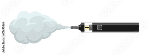 Vape pen hipster equipment for smoking. Electronic cigarette with smoke cloud. Hipster accessory black e-cigarette for vaping. Vaporizer fume smoking vector eps isolated illustration