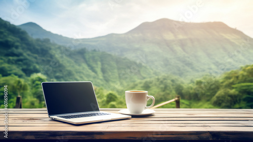 Work online with freedom: experience business success, connect to the digital world using a laptop in nature, combine travel, vacation, and a relaxed lifestyle for a fulfilling freelance career. © NiK0StudeO