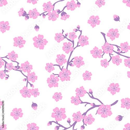 Seamless pattern of pink sakura flowerson on a white background.