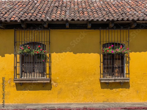 Flowers hanging from windows in Antigua, Guatemala