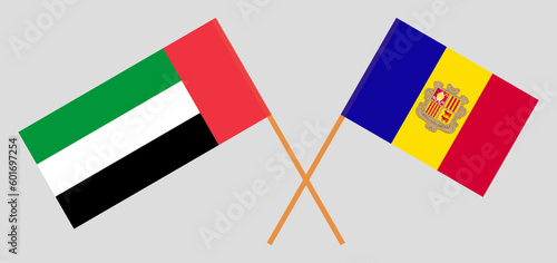 Crossed flags of the United Arab Emirates and Andorra. Official colors. Correct proportion